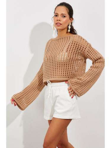 Cool & Sexy Women's Camel Spanish Knitwear Short Blouse with Openwork Sleeves