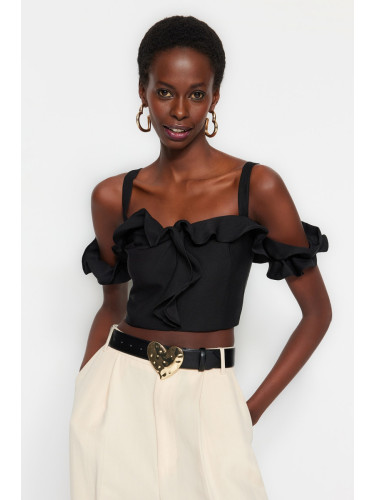 Trendyol Black Crop Lined Woven Ruffle Bustier