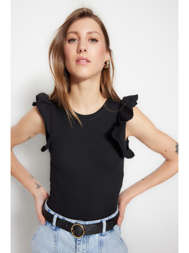 Trendyol Black Ruffle Detail Ribbed Crew Neck Flexible Snaps Knitted Bodysuit