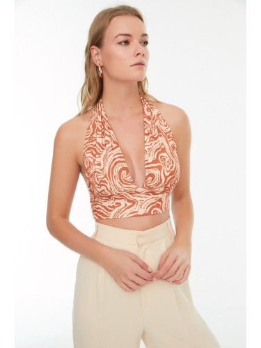 Trendyol Orange Printed Barter Fitted Super Crop Stretch Knit Blouse