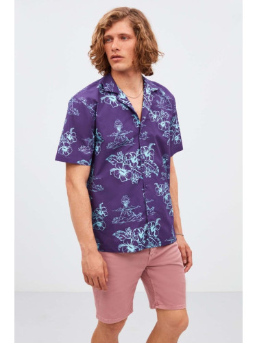 GRIMELANGE Almeira Men's 100% Cotton Poplin Fabric Patterned Summer Purple Shirt