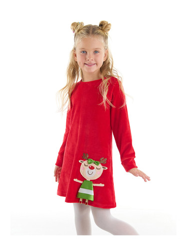 Denokids Naughty Elk Girl Christmas Velvet Red Dress