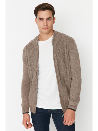 Trendyol Mink Slim Fit Knitted Detailed Knitwear Cardigan with Zipper Pockets