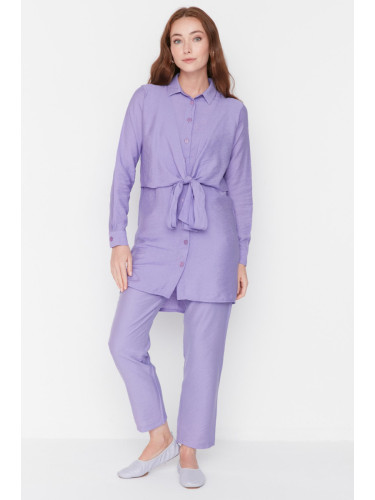 Trendyol Lilac Tie Waist Detail Shirt-Pants Woven Suit