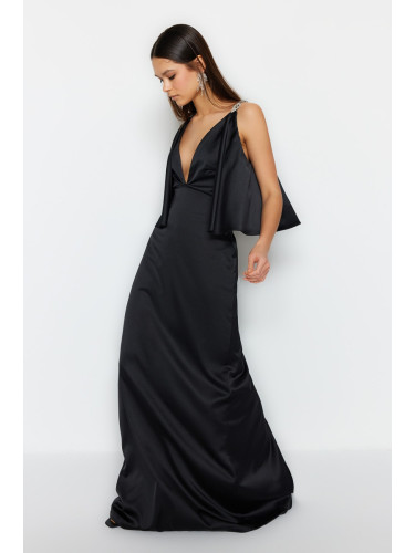 Trendyol черен камък каишка подробни v-образно деколте дълга вечерна рокля