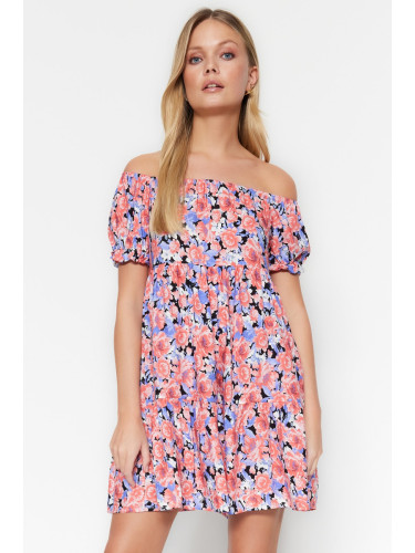 Trendyol многоцветен талията отваряне тъкани Кармен яка флорални мини тъкани рокля