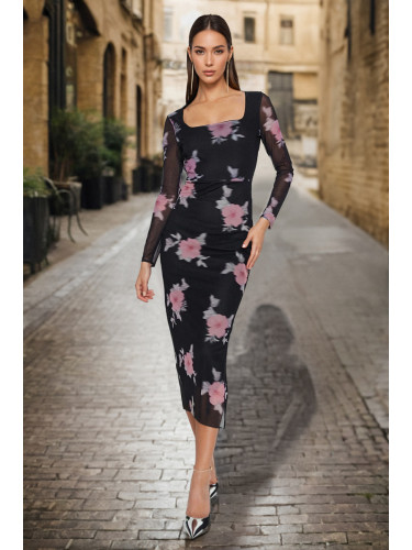 Trendyol черен тюл флорални монтирани площад яка дълъг ръкав Макси участък плета рокля