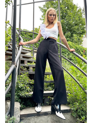 Trend Alaçatı Stili Дамски черни двойни джобове с висока талия Плисирани панталони Palazzo със закопчалка