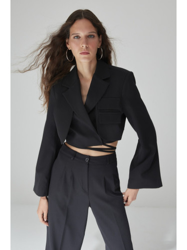 Trendyol Limited Edition Black Crop Lined Double Breasted Woven Blazer Jacket