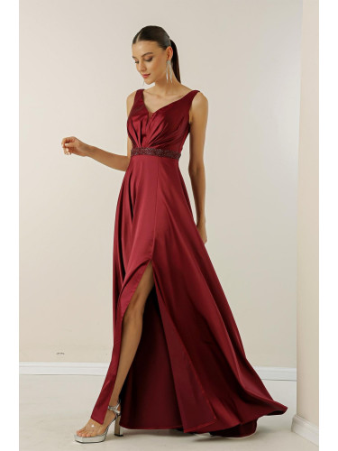 От Saygı V-образно деколте широки презрамки, мъниста облицована талията, широко тяло вечер дълга сатенена рокля