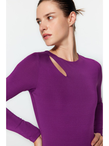 Trendyol Purple Cut Out/Window Detailed Crew Neck Snap Snap Elastic Knitted Body