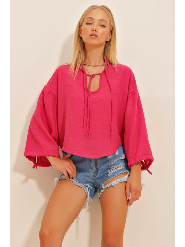 Trend Alaçatı Stili Women's Fuchsia Classic Collar Balloon Sleeve Linen Blouse