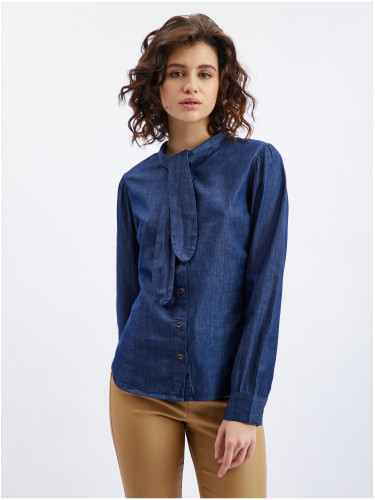 Navy blue women's denim shirt with decorative detail ORSAY