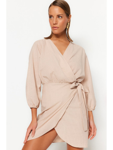 Trendyol бежов мини тъкани двойно гърди 100% памук плажна рокля