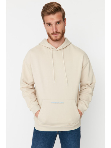 Trendyol Beige Basic Oversize/Wide Cut Fit Hooded Printed Sweatshirt