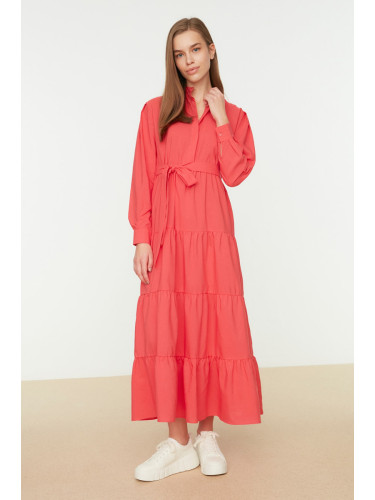 Trendyol корал доминираща яка колан широка годни тъкани рокля