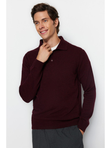 Trendyol Claret Red Slim Fit Wool Polo Collar Buttoned Smart Knitwear Sweater