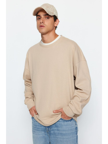 Trendyol Beige Crew Neck Oversize/Wide Cut Soft Brushed Thessaloniki Sweatshirt