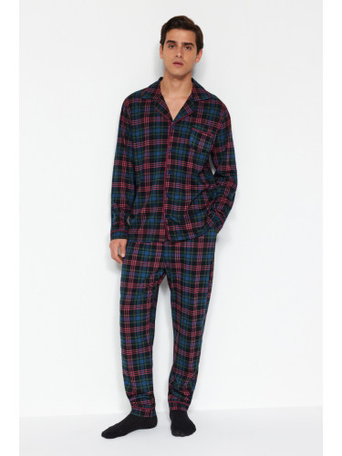 Trendyol Navy Blue Regular Fit Plaid Knitted 100% Cotton Pajama Set