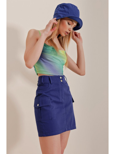 Trend Alaçatı Stili Women's Saks Cargo Pocket Gabardine Mini Skirt