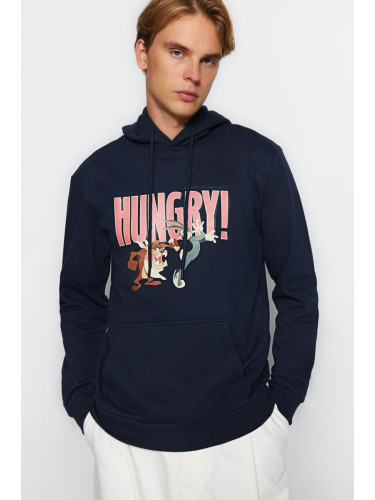 Trendyol Navy Blue Men's Looney Tunes Printed Regular/Regular Cut Hooded Sweatshirt