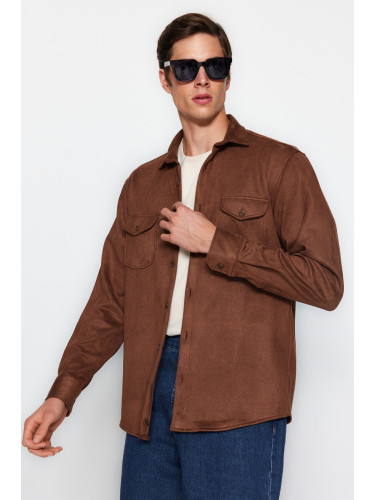 Trendyol Brown Regular Fit Double Pocket Suede Winter Shirt