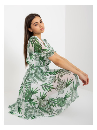 White and green dress with floral print and tie