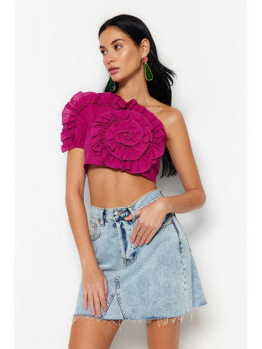 Trendyol Fuchsia Crop Weave Ruffled One-Shoulder 100% Cotton Blouse