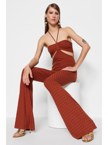Trendyol Cinnamon Knitted Window/Cut Out Detail Textured Self Patterned Jumpsuit
