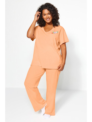 Trendyol Curve Salmon Printed Pocket Detailed Knitted Pajama Set