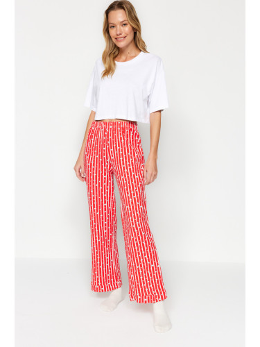 Trendyol Red Cotton Striped and Heart Knitted Pajama Bottoms