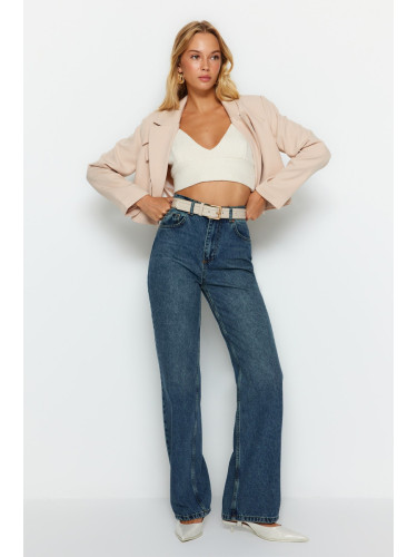 Trendyol синьо висока талия широк крак дънки