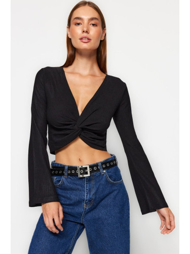 Trendyol Black Knot Detailed Wrapped/Textured Crop Knitted Blouse