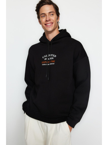 Trendyol Black Hooded Oversize/Wide Cut Puffy Text Printed Inside Fleece Sweatshirt