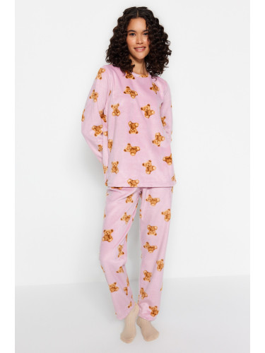 Trendyol Pink Fleece Teddy Bear Patterned Winter Knitted Pajamas Set