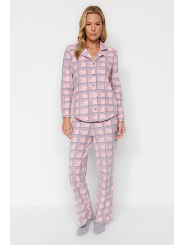 Trendyol Pink Multicolor Fleece Plaid Winter Knitted Pajamas Set