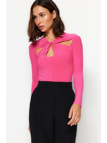 Trendyol Fuchsia Cut Out and Gathered Detail Fitted Bodysuit with Flexible Snaps Knit Body