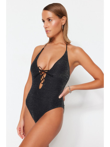 Trendyol Deep-decollete Black Evening Бански с тръби и блестящи крака
