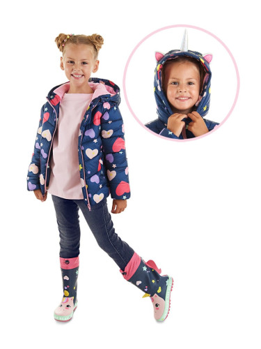 Denokids Unicorn Girl's Water Repellent Hooded Navy Blue Coat