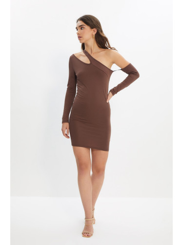 Trendyol кафява асиметрична яка плетена рокля