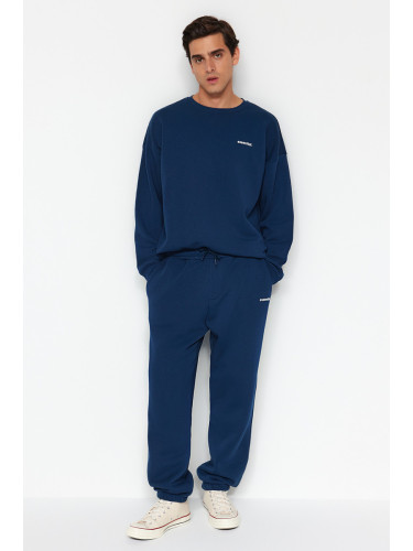 Trendyol Indigo Oversize/Wide Cut Text Printed Warm Sweatshirt Tracksuit