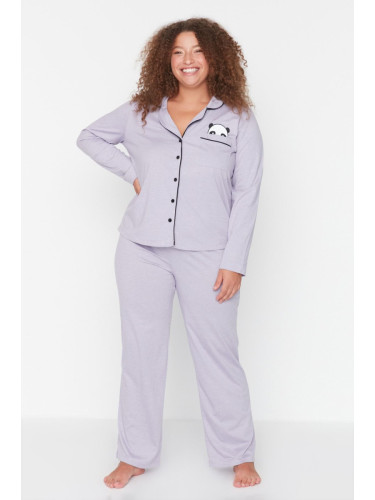 Trendyol Curve Lilac Shirt Collar Panda Printed Knitted Pajama Set