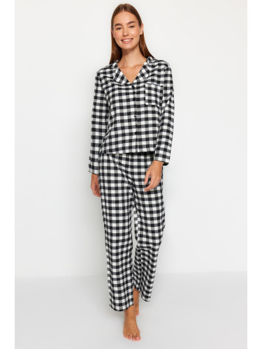 Trendyol Black Flannel Cotton Plaid Shirt-Pants Woven Pajama Set