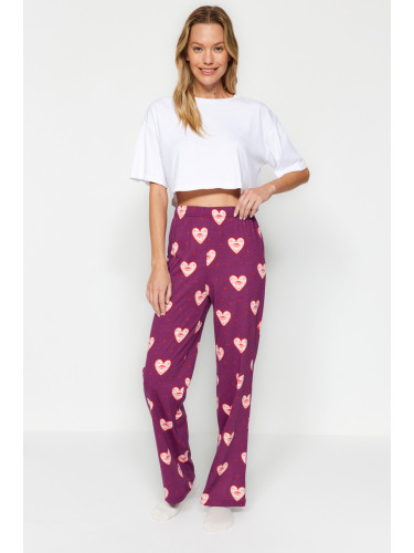 Trendyol Purple 100% Cotton Heart Patterned Knitted Pajama Bottoms