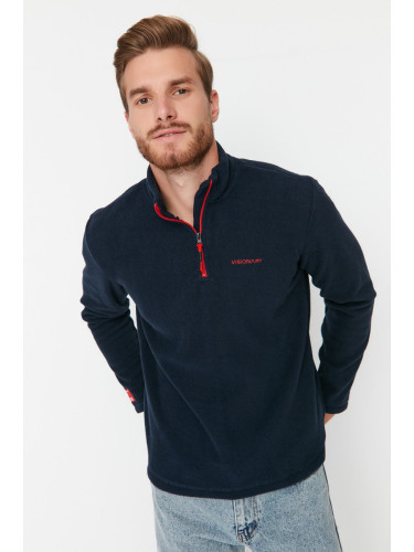 Trendyol Navy Blue Regular/Normal Cut Zippered Stand Collar Embroidered Polar Fleece Sweatshirt