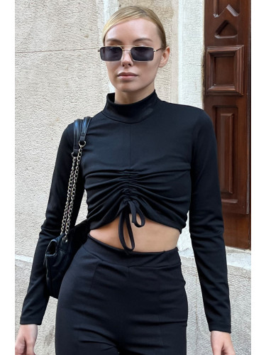 Trend Alaçatı Stili Women's Black Adjustable Half Turtleneck Crop Top with Front Gatherings