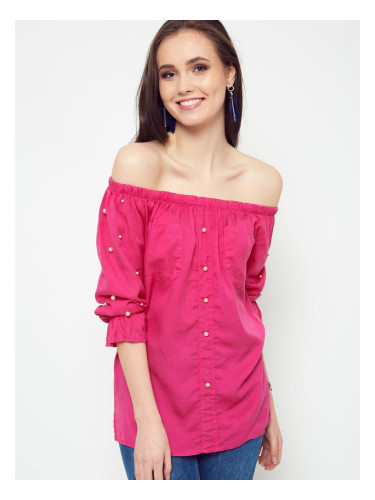 Blouse with pearls revealing the shoulders fuchsia