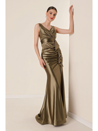 By Saygı Draped Front Flounce Lined Wide Size Long Satin Dress