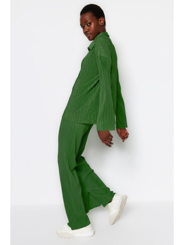 Trendyol Green Pleated Regular Buttoned Knitted Two Piece Set