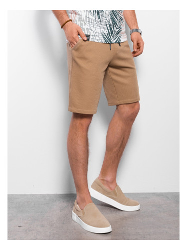 Ombre Men's knitted shorts with decorative elastic waistband - light brown